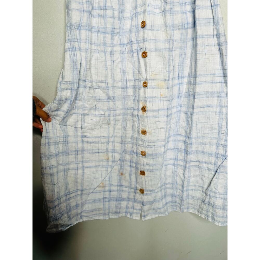 LOVE WHIT Blue Plaid Checkered Tie Front Cotton V-Neck Midi Dress Size Medium - Picture 8 of 14
